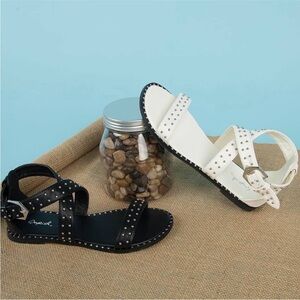 White sandals studded strappy buckle flat